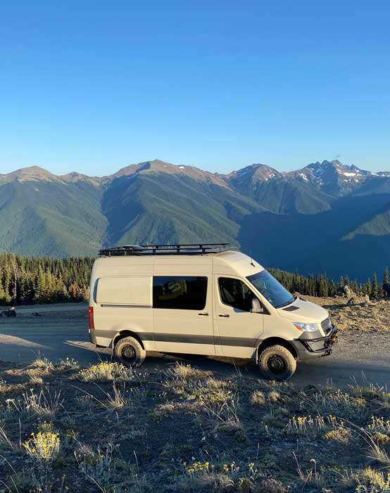 A 4x4 Sprinter van in the Olympic mountains